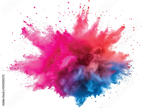 Colorful powder exploding on transparent background. Explosive burst of multicolored powder spreading in all directions on a white background,