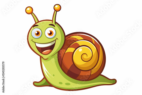 Bright and cheerful cartoon snail character with a vibrant orange spiral shell, blue body, and big smiling face. 