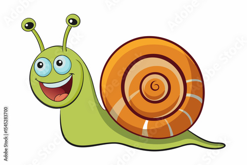 Bright and cheerful cartoon snail character with a vibrant orange spiral shell, blue body, and big smiling face. 