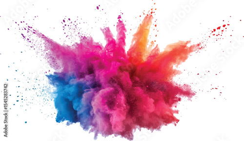 Colorful powder exploding on transparent background. Explosive burst of multicolored powder spreading in all directions on a white background,