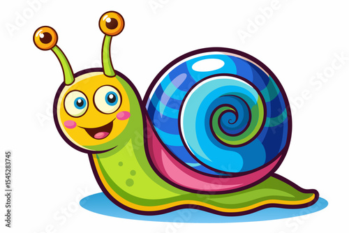 Bright and cheerful cartoon snail character with a vibrant orange spiral shell, blue body, and big smiling face. 