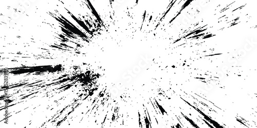 Abstract explosion, radial burst of Ink splatter effect isolated on white background. Dynamic charcoal burst explosion, isolated on transparent background.