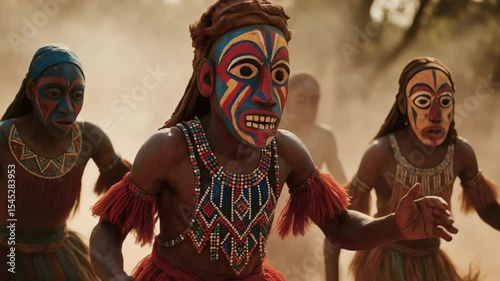 Painted dancers leap in dusk dust during tribal dance. Drumbeat drives tribal dance rhythms, tribal dance spreads color and spirit across gathering. Concept cultural ritual