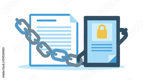 Illustration of a document and a tablet linked by a chain representing secure data transfer process