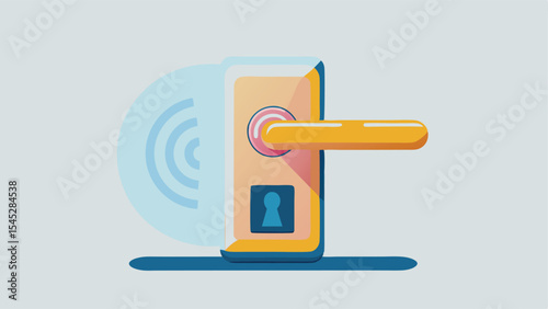Illustration of a smart lock with a handle and keyhole emitting wireless signal on a light background