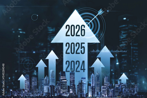 An illustration of growth and progress over the next few years.  Upward pointing arrows with the years 2024, 2025, and 2026 are positioned over a nighttime city skyline