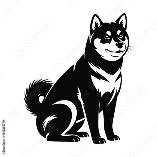 A black and white vector illustration of a Shiba Inu dog in a sitting position