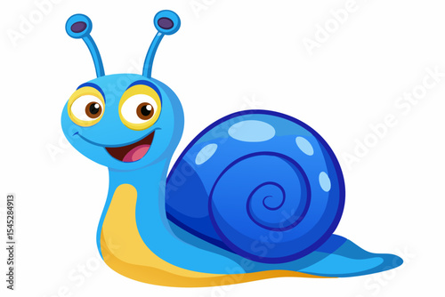 Bright and cheerful cartoon snail character with a vibrant orange spiral shell, blue body, and big smiling face. 