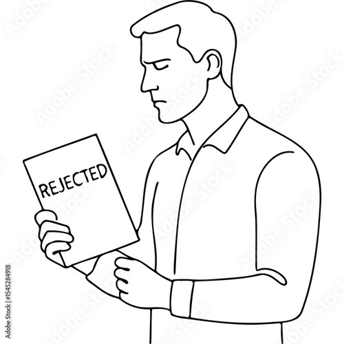 Man looking disappointed while holding rejected proposal letter  