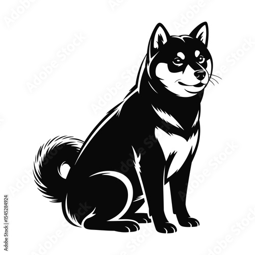 Black and white vector shiba inu dog sitting illustration

