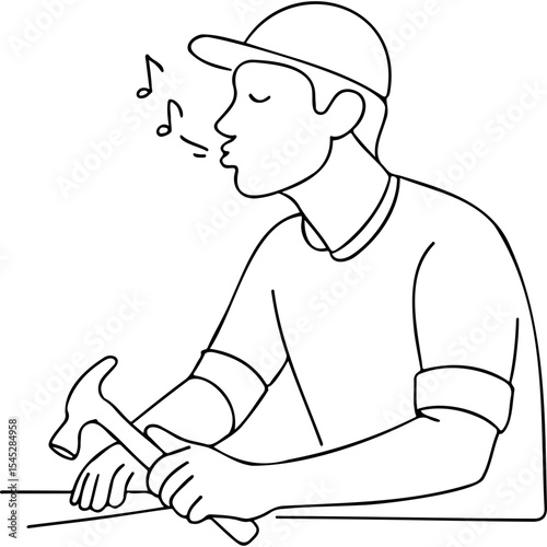 Man whistling while holding a hammer in a work environment  