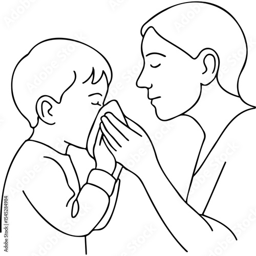 Young child receiving care from mother while using tissue  