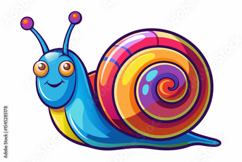 Bright and cheerful cartoon snail character with a vibrant orange spiral shell, blue body, and big smiling face. 