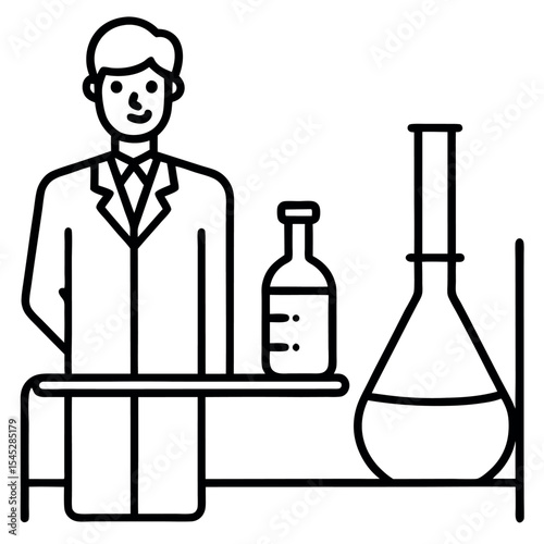 Scientist Lab Coat Black White Line Art Erlenmeyer Flask Test Tube Rack