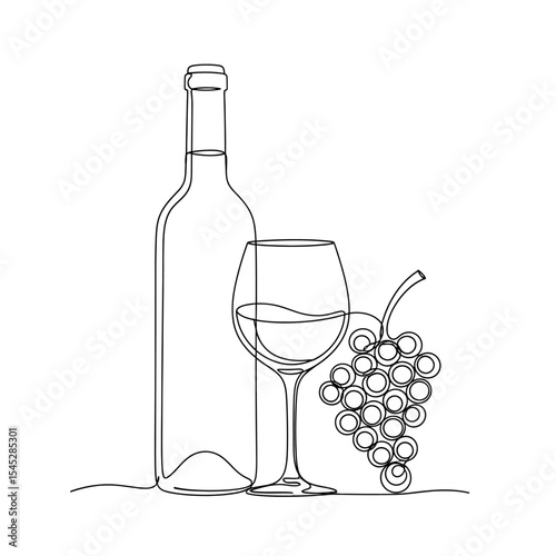 Continuous line drawing of a wine bottle glass and grapes isolated on a white background minimalist style