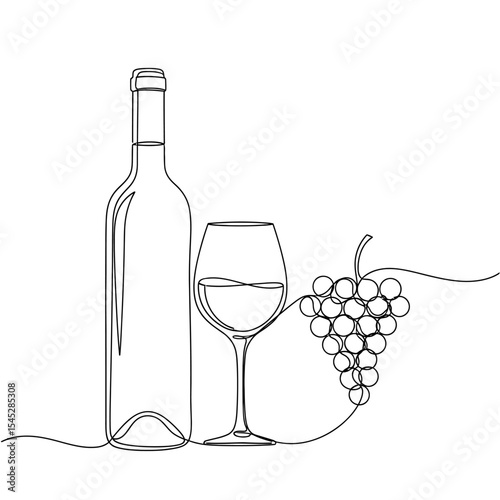 Continuous line drawing of wine bottle glass and grapes in black and white minimalist illustration