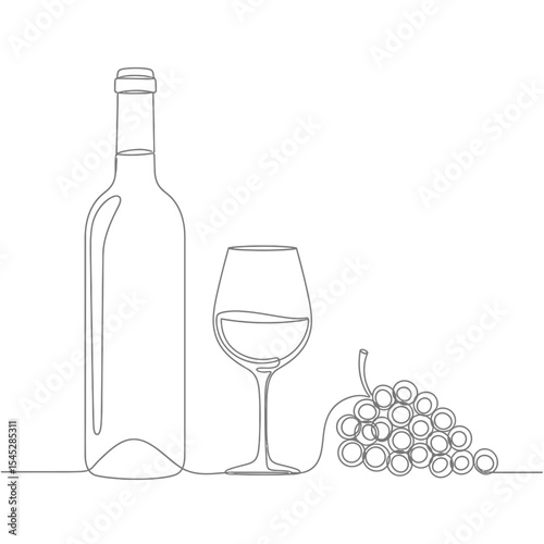 Continuous line drawing of a wine bottle glass and grapes minimalist design on white background art
