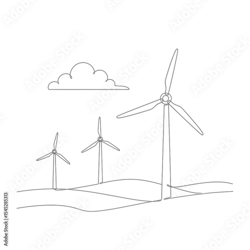 Continuous line drawing of wind turbines on a hill with a cloud in the sky on a white background