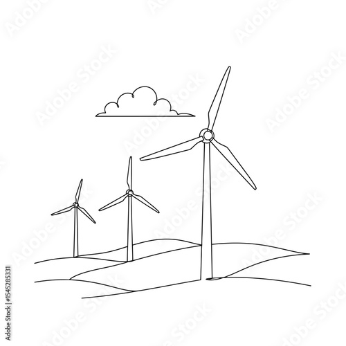 Wind turbines on rolling hills with a cloud in a minimalist line art style illustration design