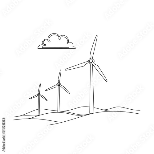 Line drawing of wind turbines on rolling hills with a cloud in the sky minimalist illustration