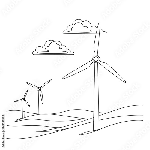 A minimalistic line drawing of wind turbines on rolling hills with clouds in the sky above them