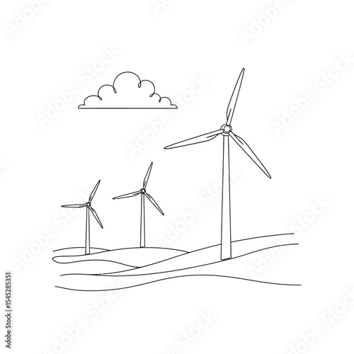 Line art illustration of three wind turbines on rolling hills with a cloud in the sky above them