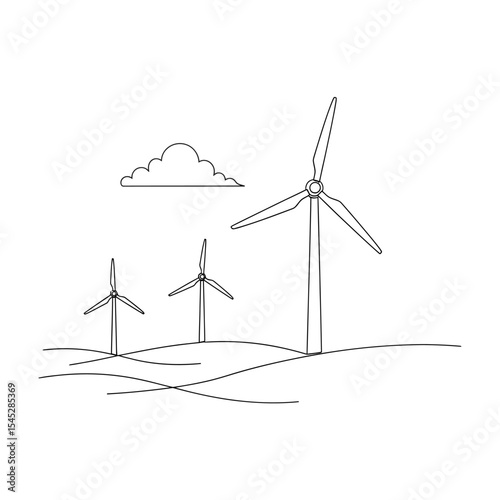 Wind turbines on a hill with a cloud in a minimalist line art style on a white background landscape view