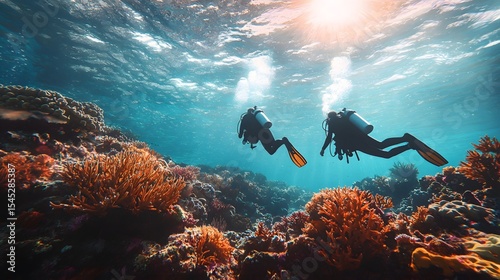 Divers swim freely among coral reefs, with shimmering sea water and a vibrant underwater landscape in the background