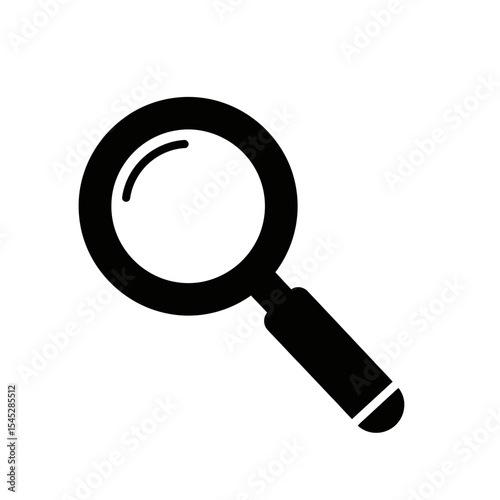 A simple black and white illustration of a magnifying glass with a handle on a white background