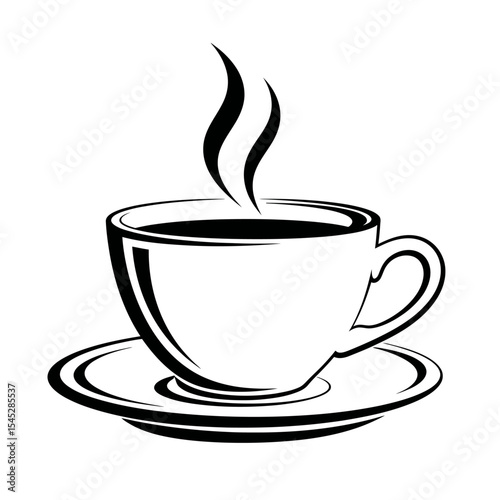A stylized black and white illustration of a cup of coffee with steam rising from the surface area
