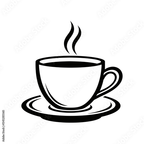 A simple graphic illustration of a steaming cup of coffee on a saucer in black and white design style