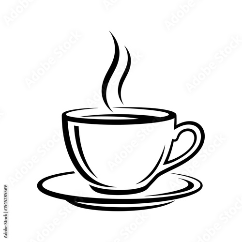 A simple black and white line drawing of a steaming cup of coffee sitting on a saucer illustration