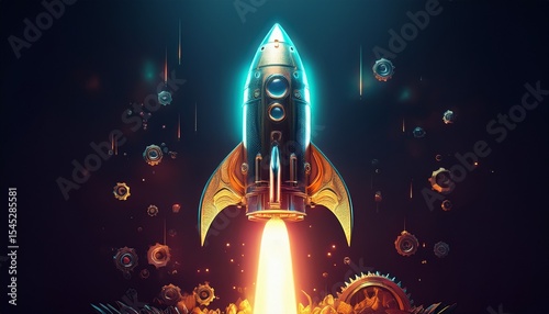 futuristic rocket launch gears innovation technology startup success 3d dark space speed future