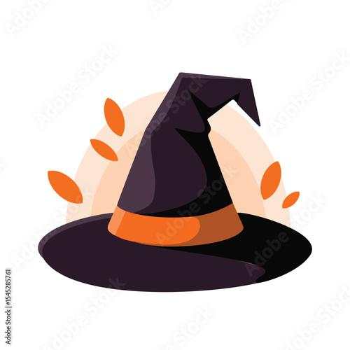 Colorful witch hat illustration with orange accent and decorative leaves for halloween