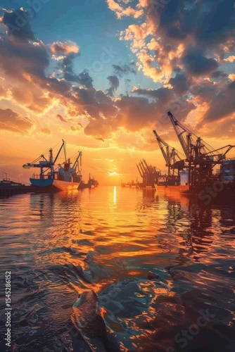 On the dock, cranes are busily loading and unloading cargo