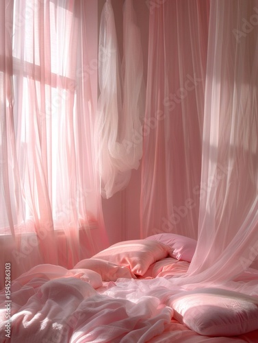 In a dreamy princess room, the sheer curtains sway gently in the breeze