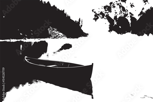 A wooden rowboat on a serene turquoise lake surrounded by mountains and lush green forest scenery