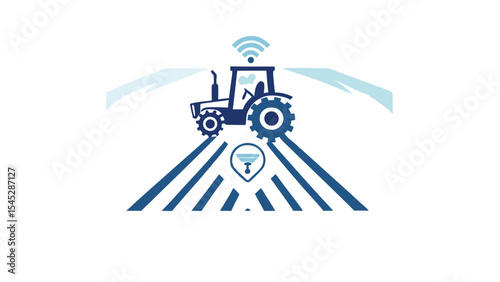 Illustration of a tractor on a field with wifi symbol and water drop icon in shades of blue color scheme