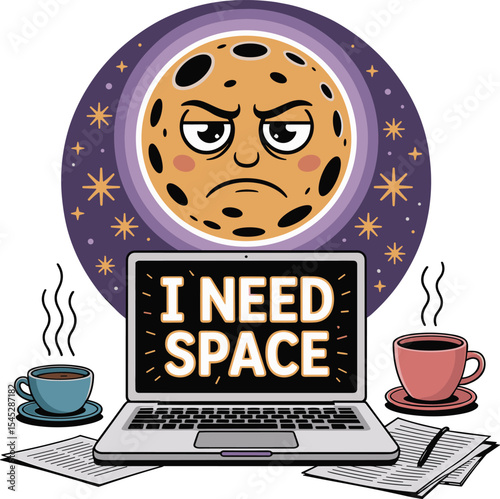 Grumpy moon cartoon with laptop saying I need space