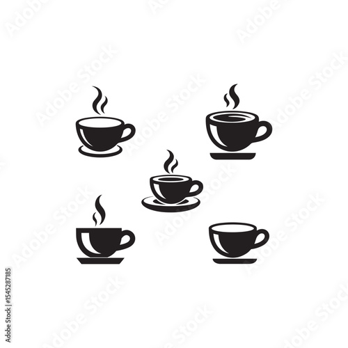 a black and white vector illustration set of coffee cup on white background.