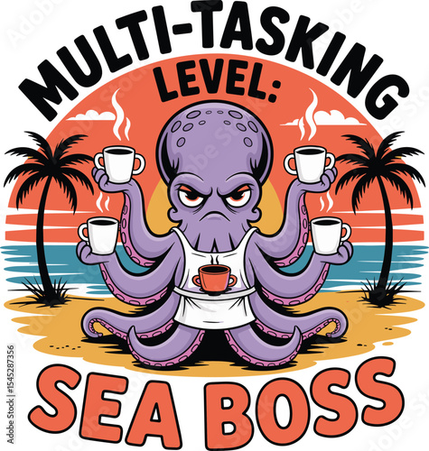 Multitasking Octopus Sea Boss at Sunset Beach Holding Coffee Cups