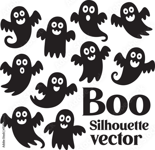 Set of funny cartoon boo and bat vector illustration