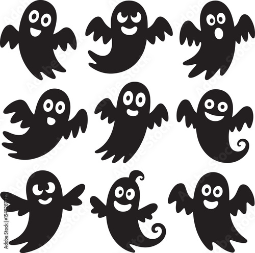 Set of funny cartoon boo and bat vector illustration
