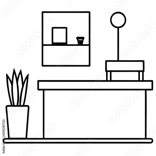 Simple Line Drawing Waiting Room Reception Desk Plant