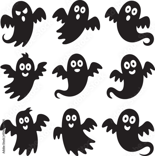 Set of funny cartoon boo and bat vector illustration
