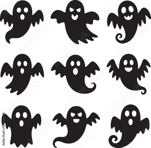 Set of funny cartoon boo and bat vector illustration
