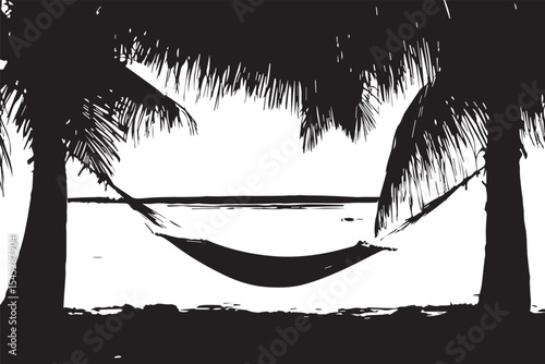 Hammock strung between palm trees on a sandy beach overlooking the ocean waves on a cloudy day