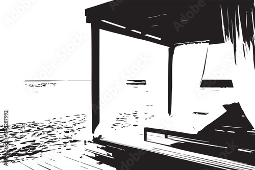 Beachside cabana with white curtains and lounge chairs overlooking the ocean on a sunny day scene