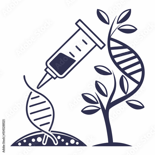 Syringe injecting DNA into a plant for genetic modification and biotechnology concepts
