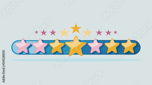 Illustration of a rating bar with pink and yellow stars on a blue rounded rectangle shape